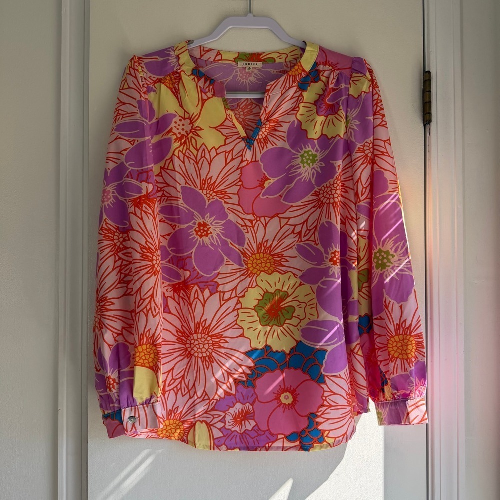 Jodifl Womens Floral Long Sleeve Split V-Neck Blouse Pink Purple Orange